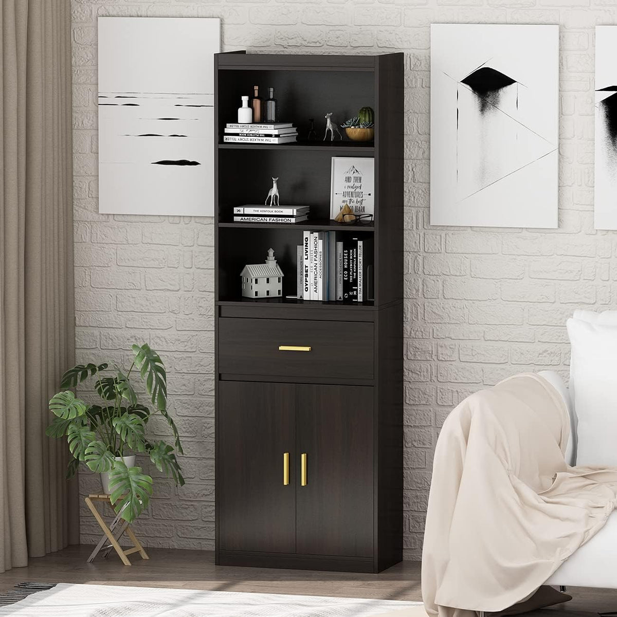 Black-Brown 3 Tier Wooden Bookcase Storage Cabinet with 2 Doors and 1 Drawer W76966