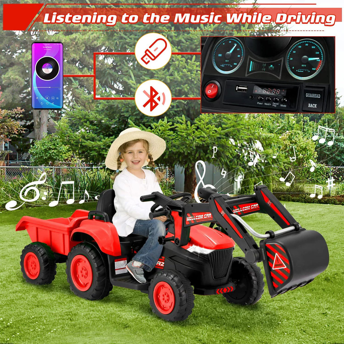 12 V Battery Powered Ride on Bulldozer with Trailer, Front Loader Bucket, Green O636221
