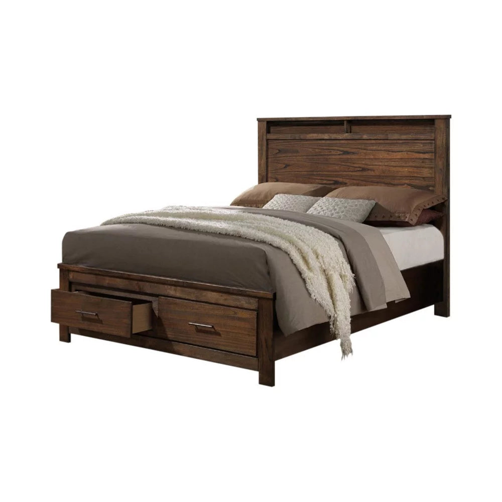 Wooden King Bed with Display and Storage Drawers Oak Finish A6663