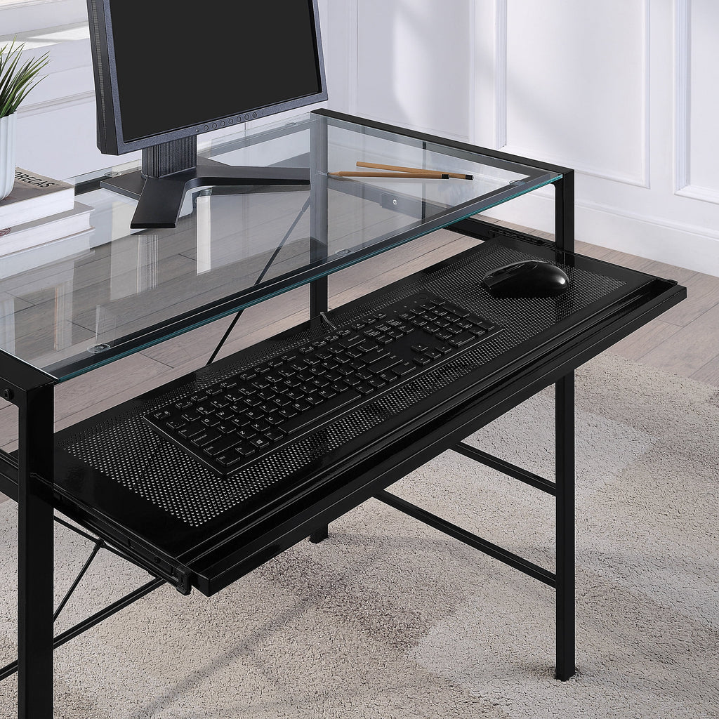 Computer Desk with Clear Tempered Glass Top and Black Metal Frame J3119
