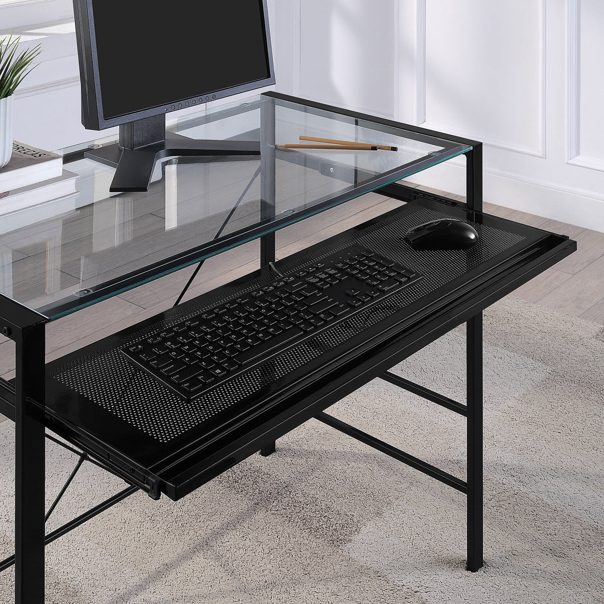 Computer Desk with Clear Tempered Glass Top and Black Metal Frame J3119