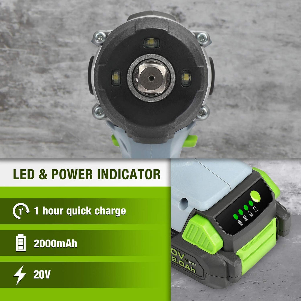20V Cordless Impact Wrench, 1/2-inch, 320 Ft Pounds Max Torque, 2.0Ah Li-ion Battery with Fast Charger, Belt Clip U755930