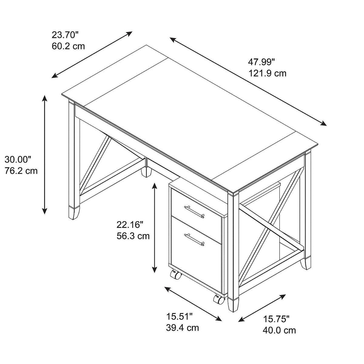48W Writing Desk with 2 Drawer Mobile File Cabinet, Pure White Oak M25754