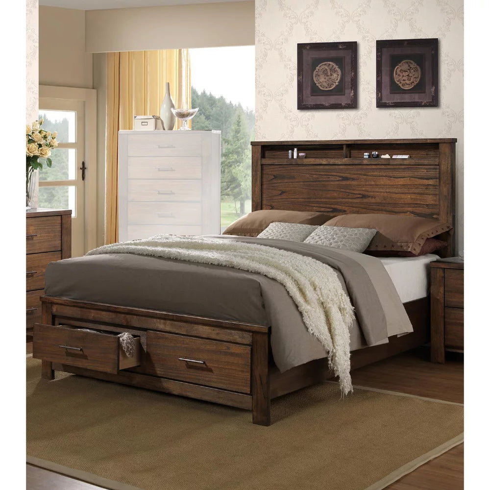 Wooden King Bed with Display and Storage Drawers Oak Finish A6663