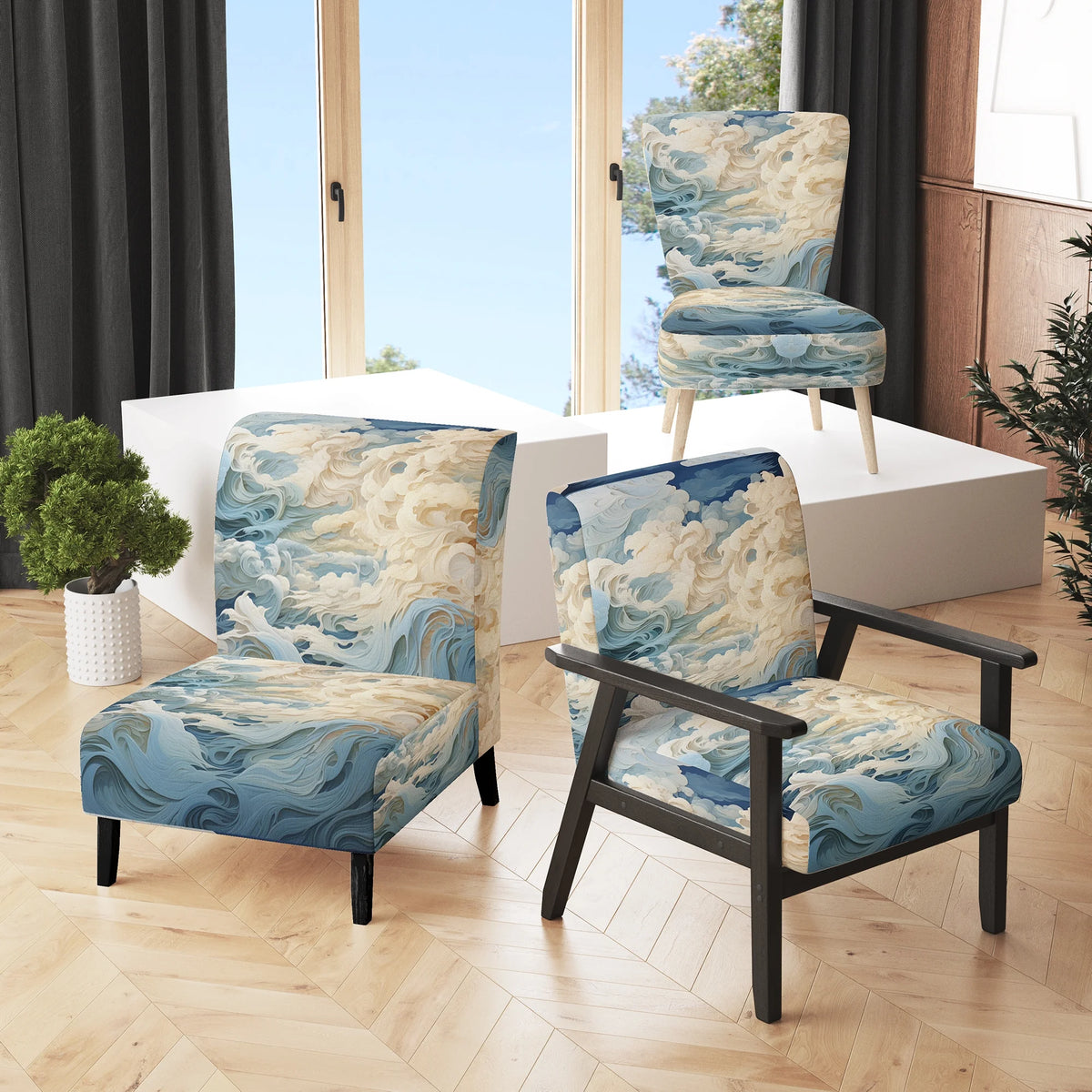 Blue Minimalism Coastal Wave Upholstered Accent Chair V161