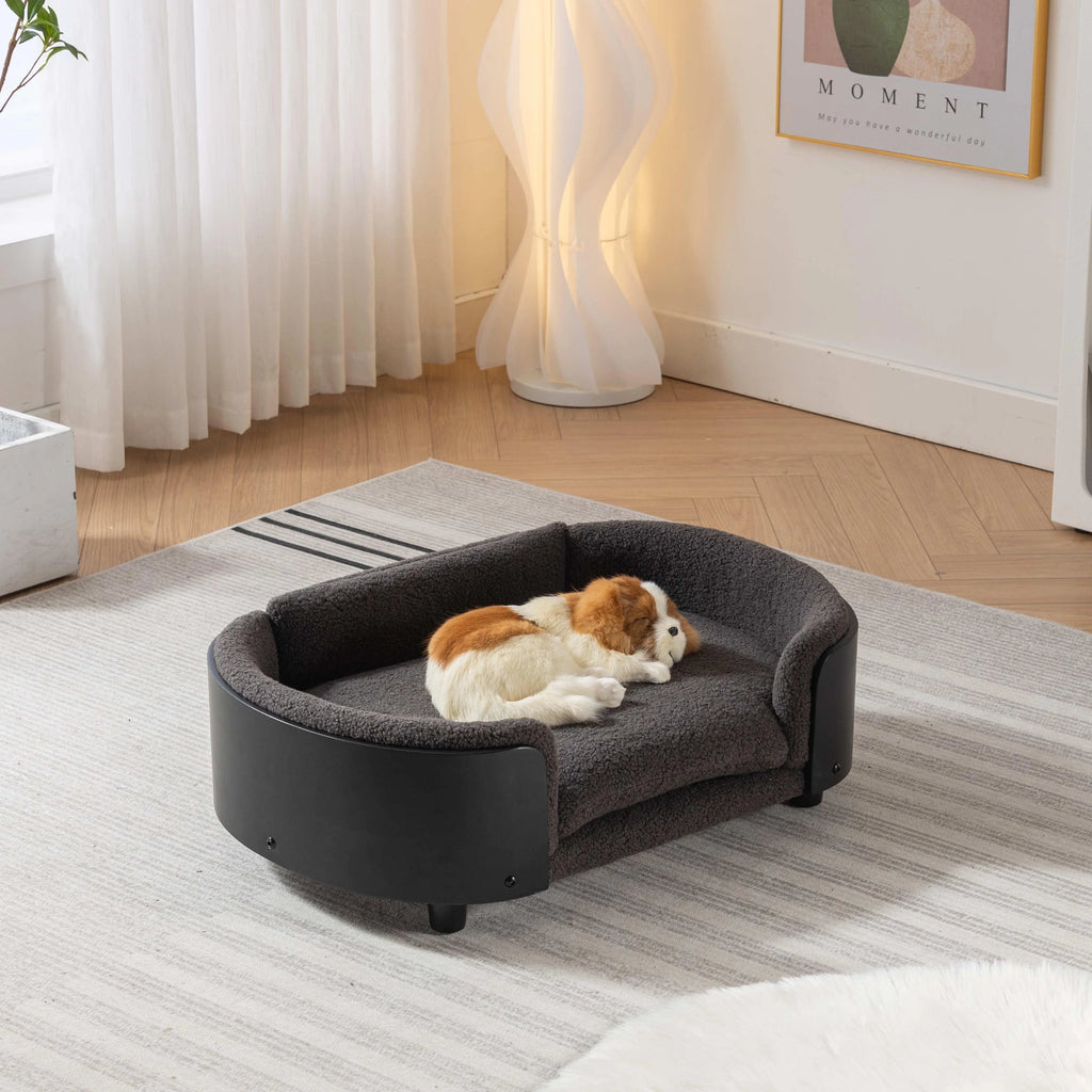 Elevated Dog Bed Pet Sofa with Solid Wood Legs and Black Bent Wood Back, Cashmere Cushion G298725