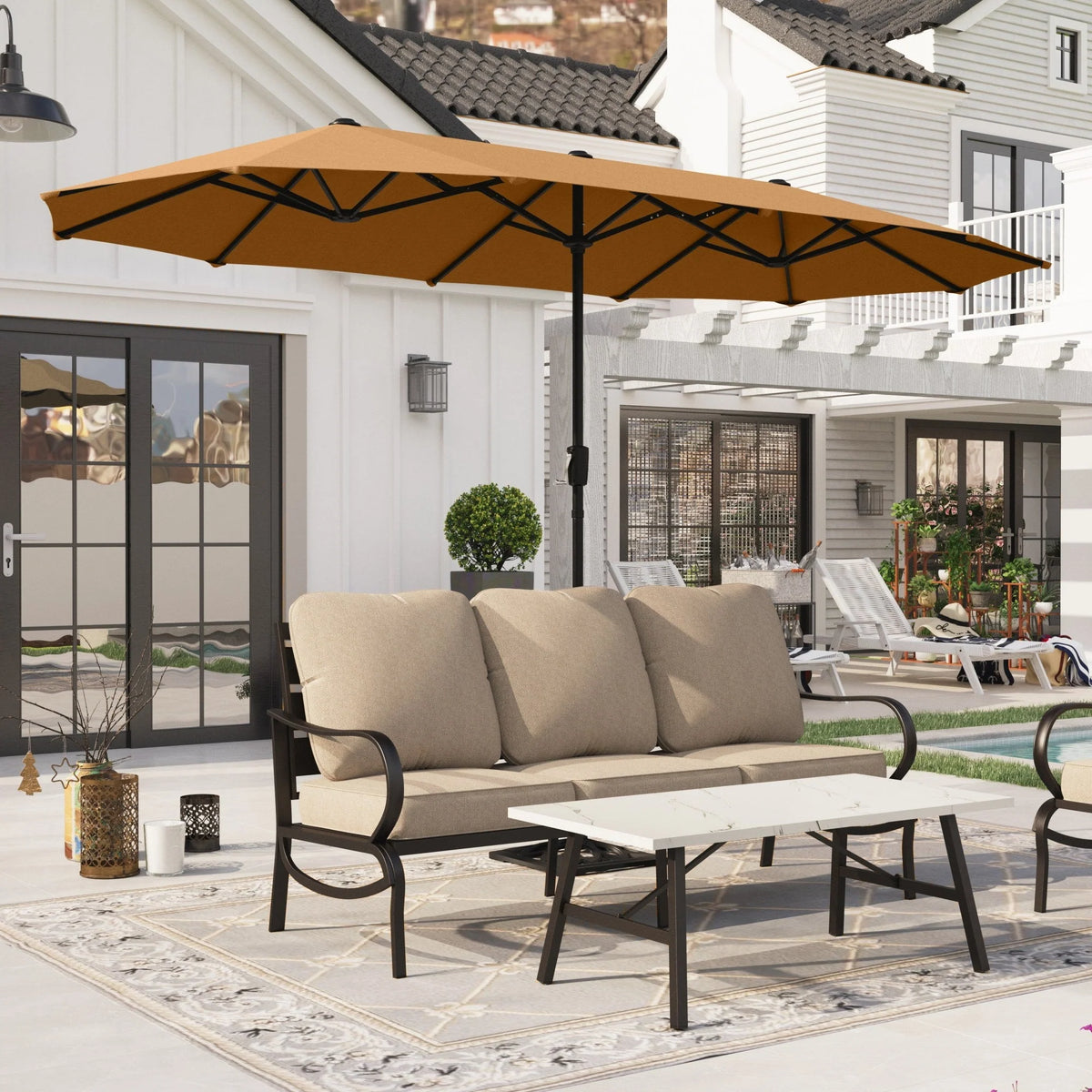 13x6.5ft Double-Sided Outdoor Patio Umbrella with Crank Handle, Beige T891118