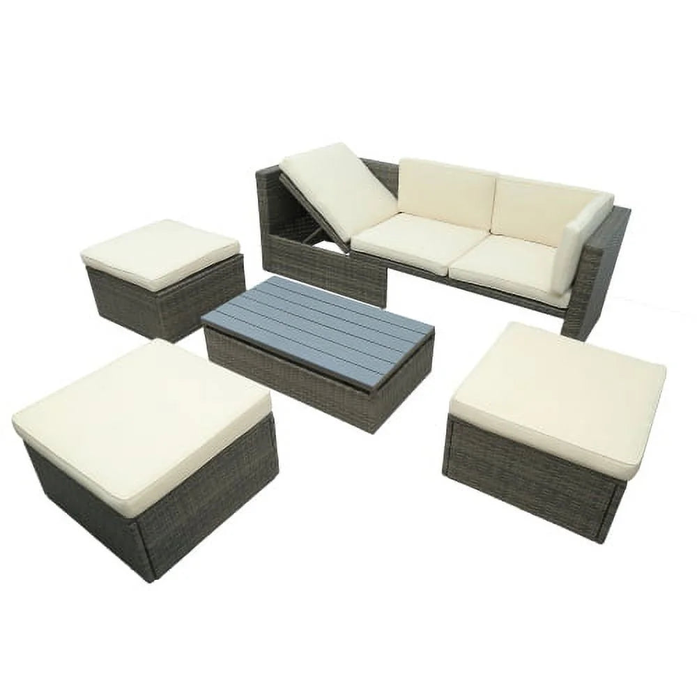 5-Piece Patio Wicker Sofa with Ottomans and Lift Top Coffee Table T29819