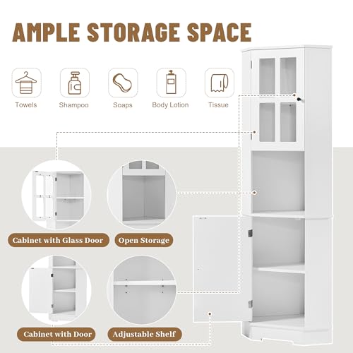 White Tall Corner Cabinet with Adjustable Shelves and Doors F710192