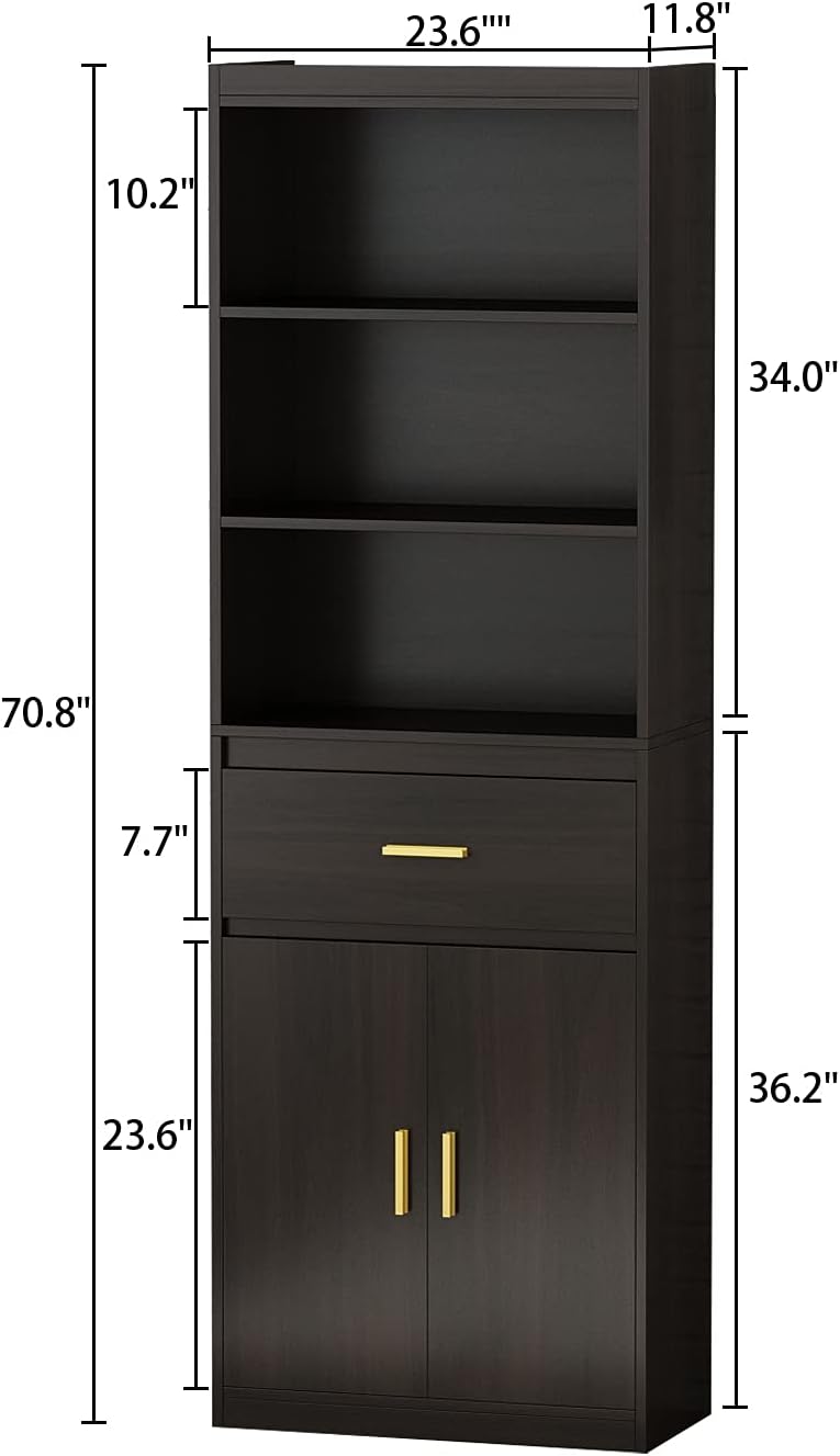 Black-Brown 3 Tier Wooden Bookcase Storage Cabinet with 2 Doors and 1 Drawer W76966