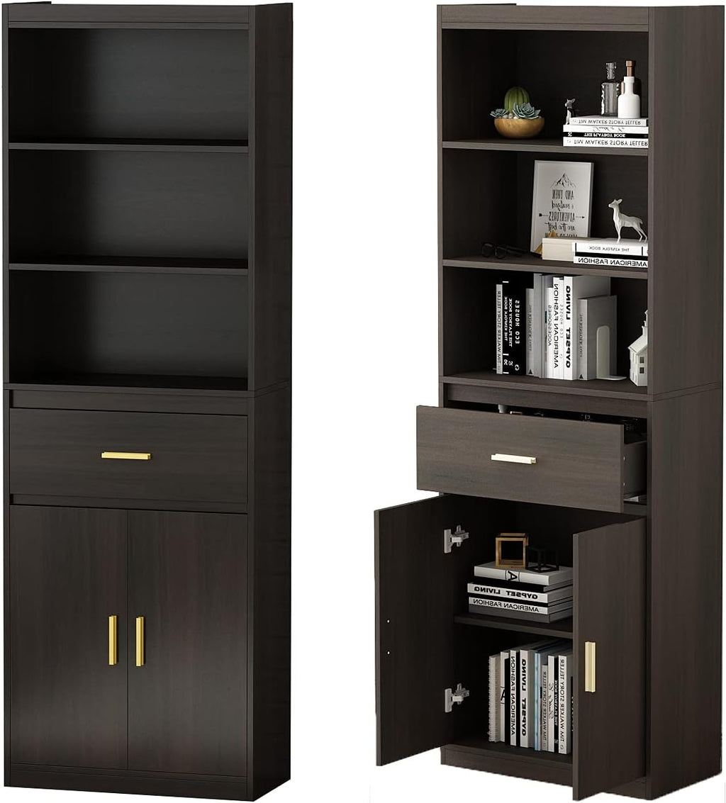 Black-Brown 3 Tier Wooden Bookcase Storage Cabinet with 2 Doors and 1 Drawer W76966