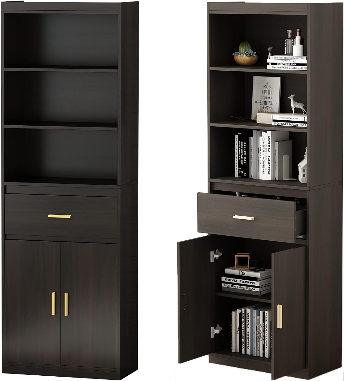 Black-Brown 3 Tier Wooden Bookcase Storage Cabinet with 2 Doors and 1 Drawer W76966