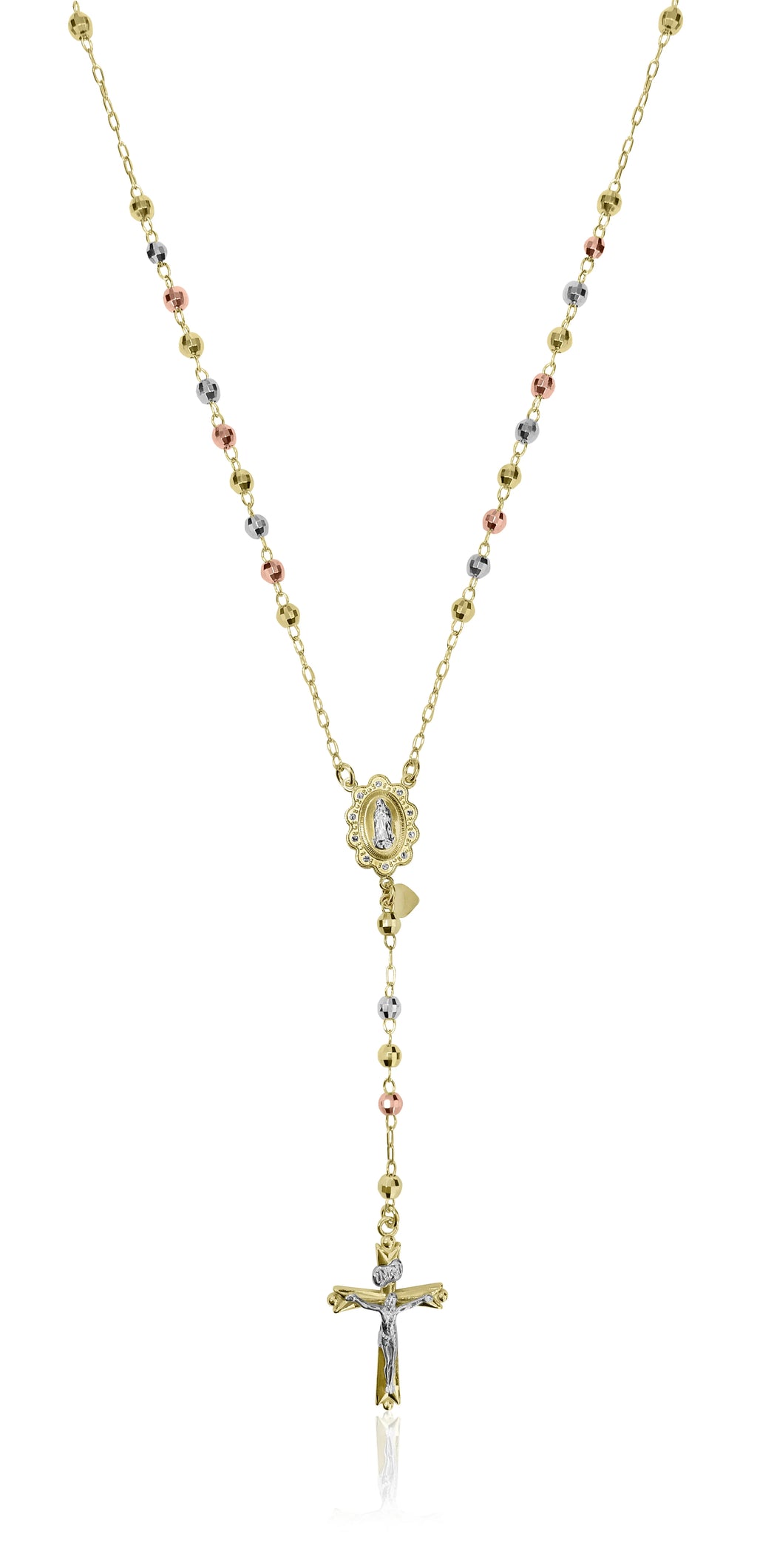 14K Gold Plated Sterling Silver Tri Color Beads Rosary Necklace 26" E3309