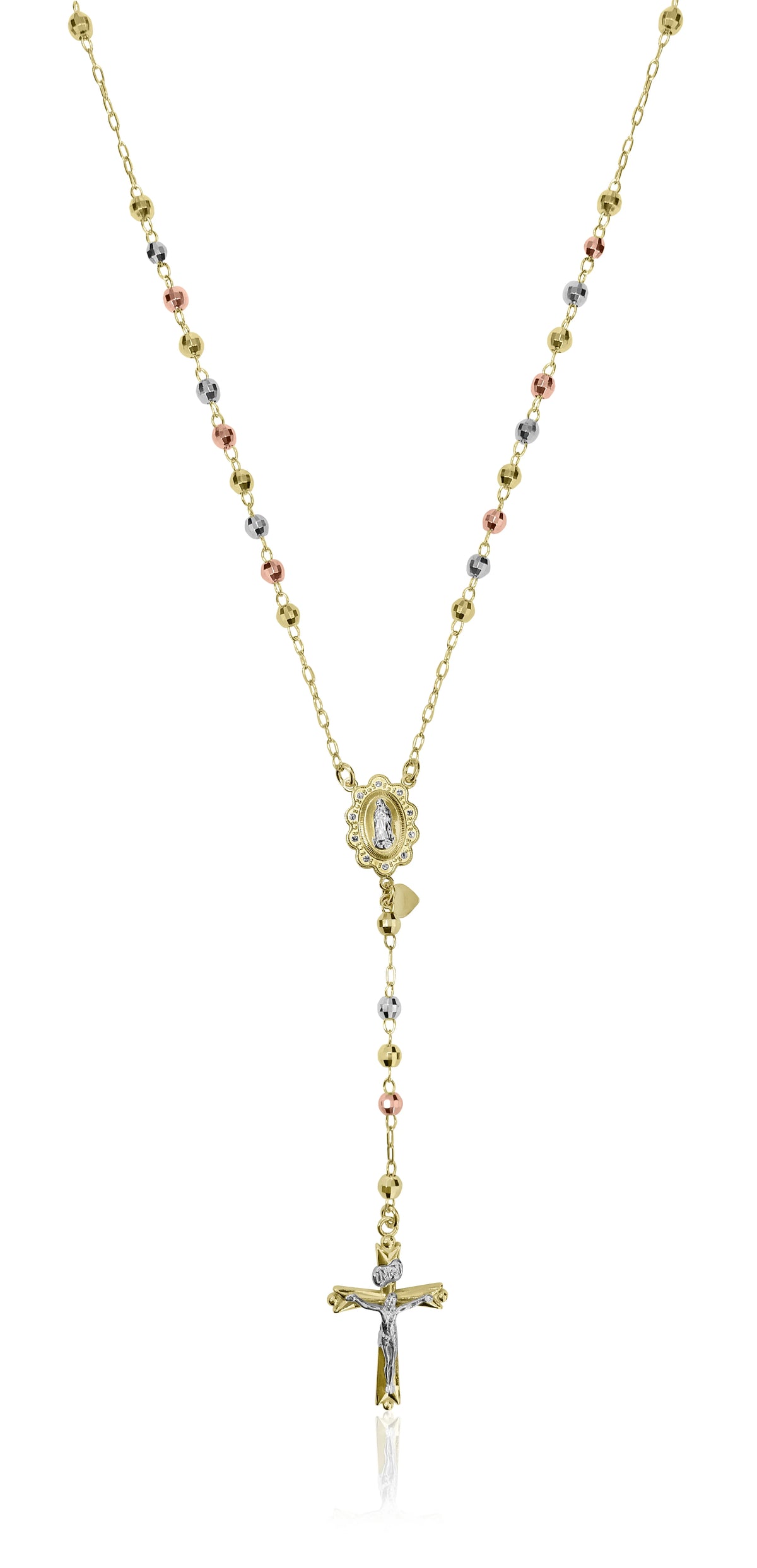 14K Gold Plated Sterling Silver Tri Color Beads Rosary Necklace 26" E3309