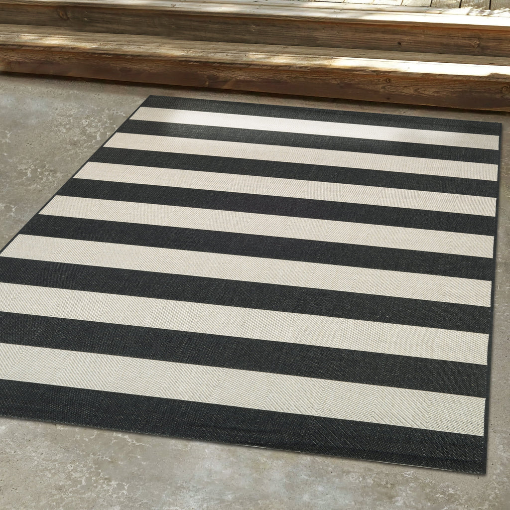 Onyx Black and Ivory Stripe Outdoor Rectangle Rug Y858