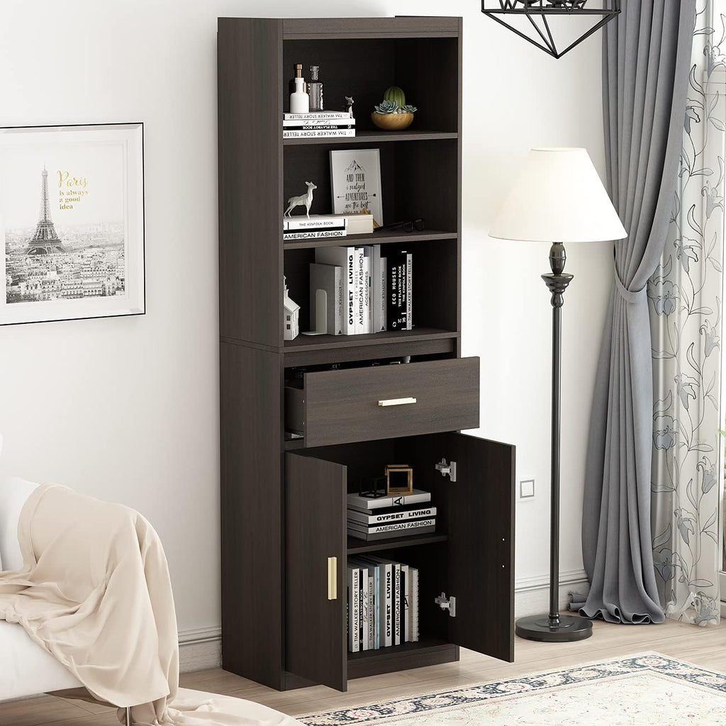 Black-Brown 3 Tier Wooden Bookcase Storage Cabinet with 2 Doors and 1 Drawer W76966