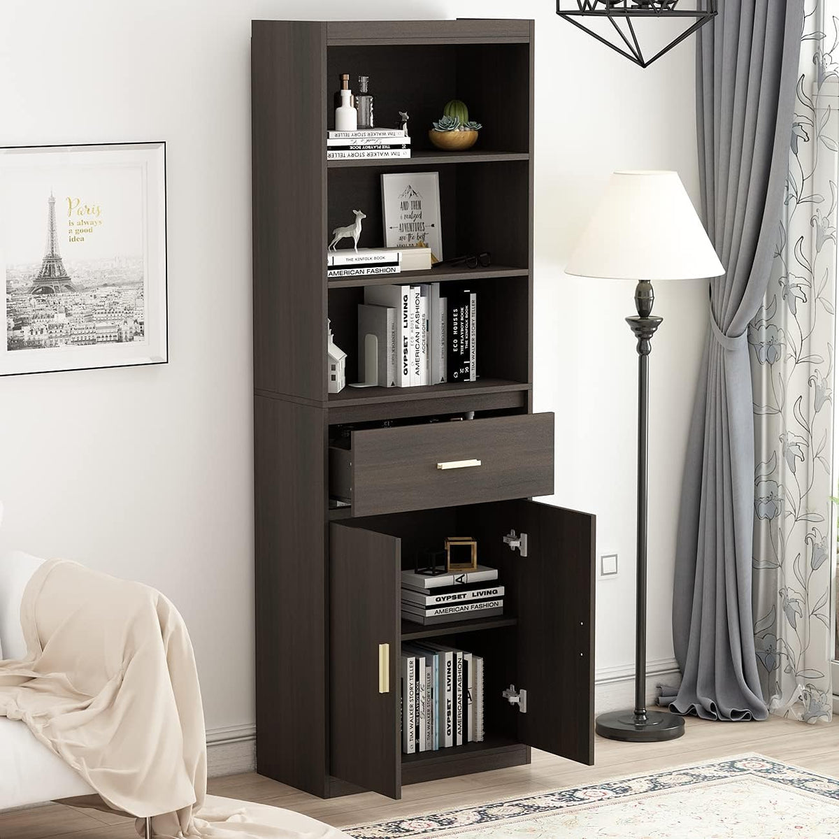 Black-Brown 3 Tier Wooden Bookcase Storage Cabinet with 2 Doors and 1 Drawer W76966