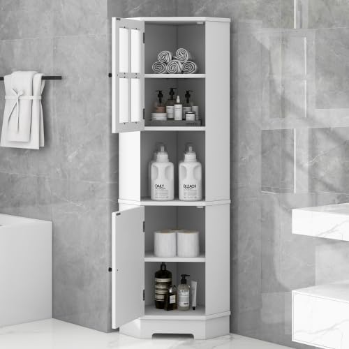 White Tall Corner Cabinet with Adjustable Shelves and Doors F710192