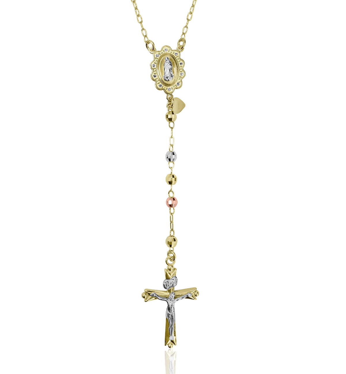 14K Gold Plated Sterling Silver Tri Color Beads Rosary Necklace 26" E3309