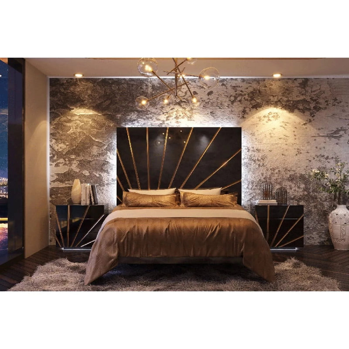 5-Piece Black High Gloss Queen Size Bedroom Set T815706