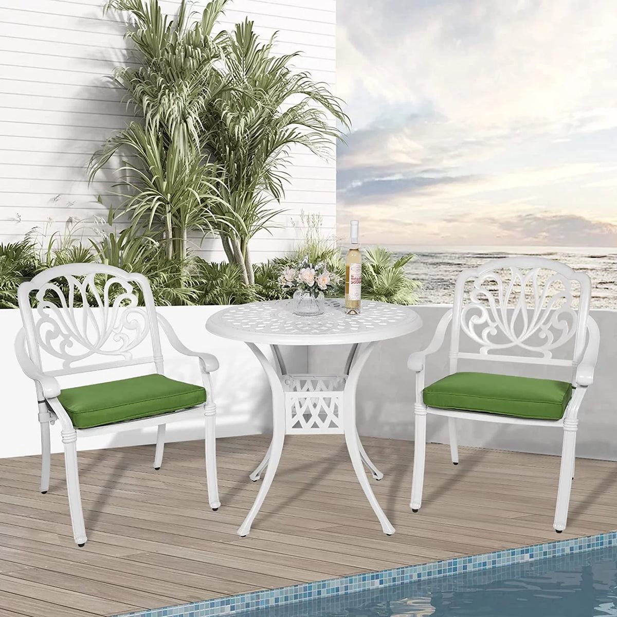 3-Piece Cast Aluminum Outdoor Patio Dining Set with 2 Cushioned Chairs and Round Table R5316