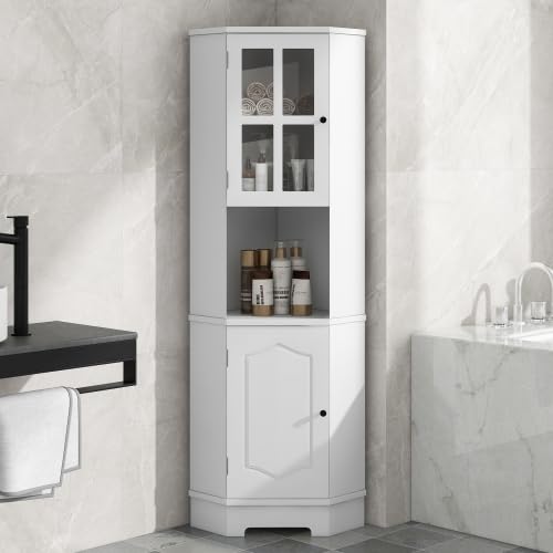 White Tall Corner Cabinet with Adjustable Shelves and Doors F710192