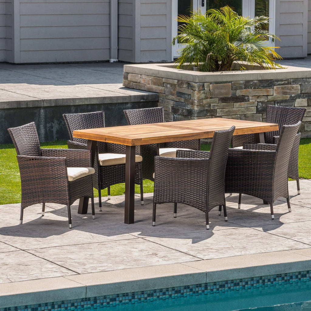 7 Piece Acacia Wood Wicker Dining Set with Cushions R40915