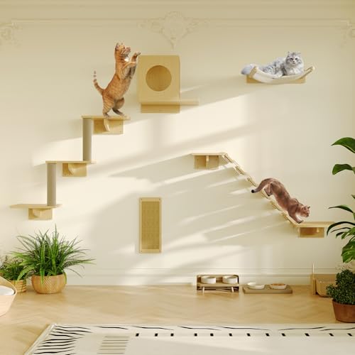 Set of 5 Wooden Cat Wall Shelves with Cat Condo, Scratching Post, Bridge, Hammocks and Scratcher H939