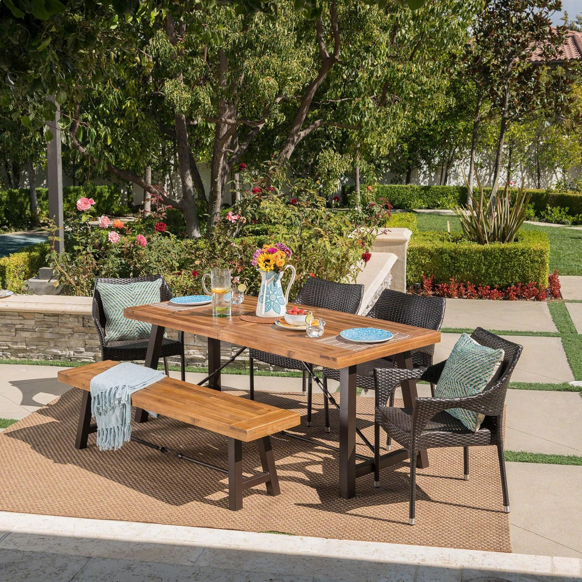 Acacia Wood Dining Set with Wicker Stacking Chairs O8976