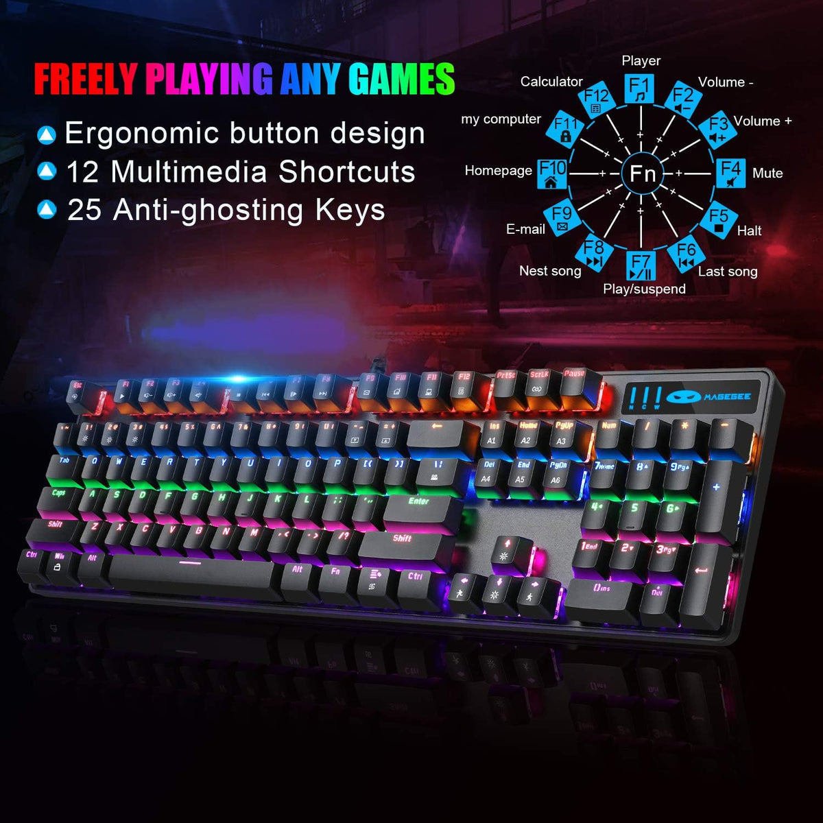 Mechanical Gaming Keyboard and Mouse Combo, 104 Keys Rainbow Backlit, Wired M763