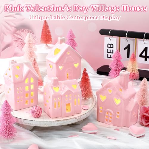 12 Pcs Pink Ceramic Village Decorations with Lighted House Figurines and Mini Pine Trees G80526