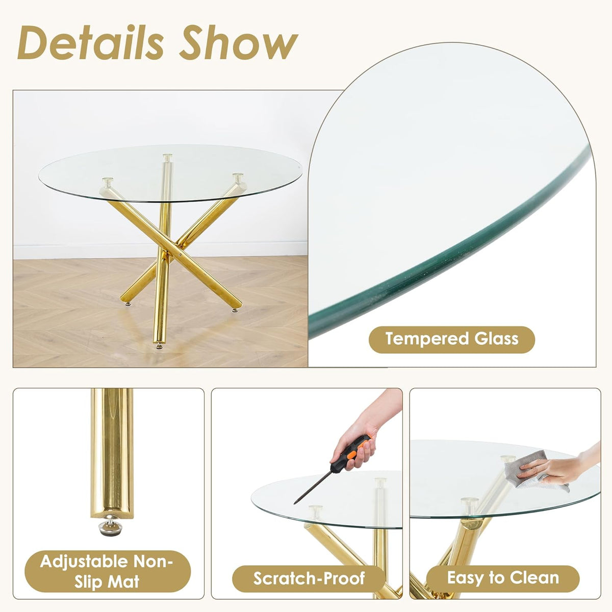 Gold Round Glass 7 PCS Dining Table Set with Clear Acrylic Chair V303