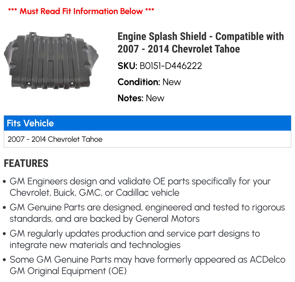 Engine Splash Shield for Chevy Tahoe H9651