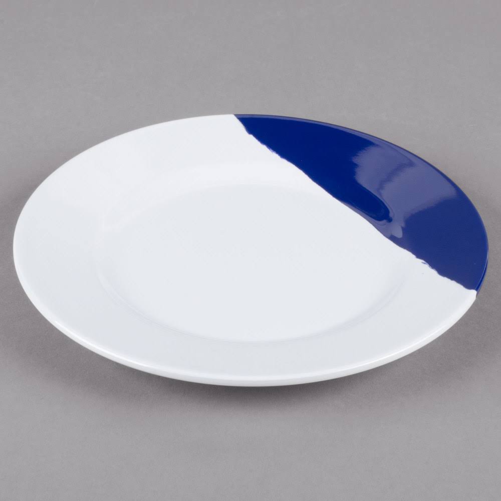 White Navy Blue Wide Rim Round Melamine Plate - 24/Case A1227