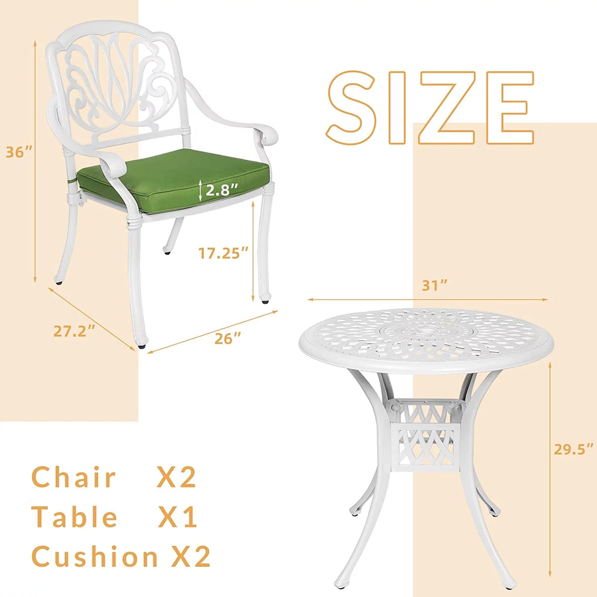 3-Piece Cast Aluminum Outdoor Patio Dining Set with 2 Cushioned Chairs and Round Table R5316