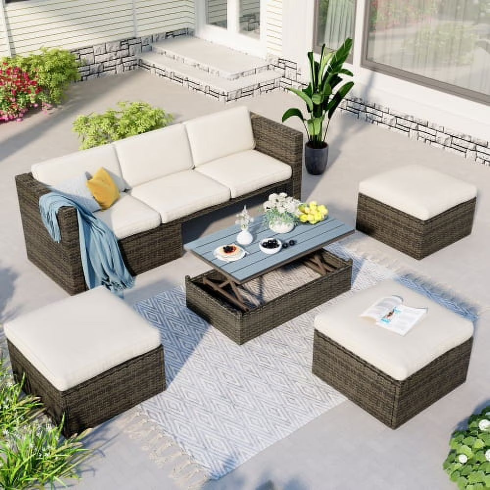 5-Piece Patio Wicker Sofa with Ottomans and Lift Top Coffee Table T29819