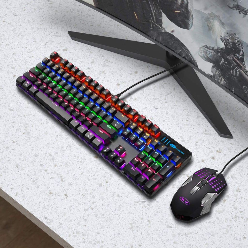 Mechanical Gaming Keyboard and Mouse Combo, 104 Keys Rainbow Backlit, Wired M763