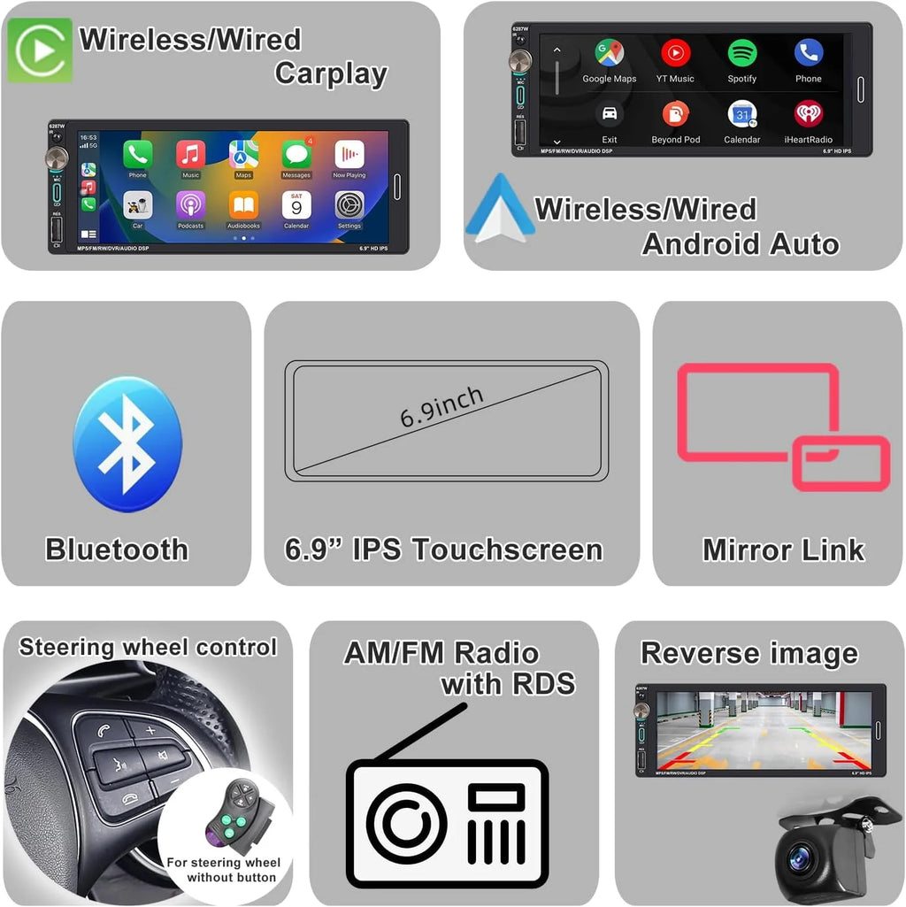 Single Din Car Stereo with Apple CarPlay Android Auto 6.9 inch Touchscreen Bluetooth H8131