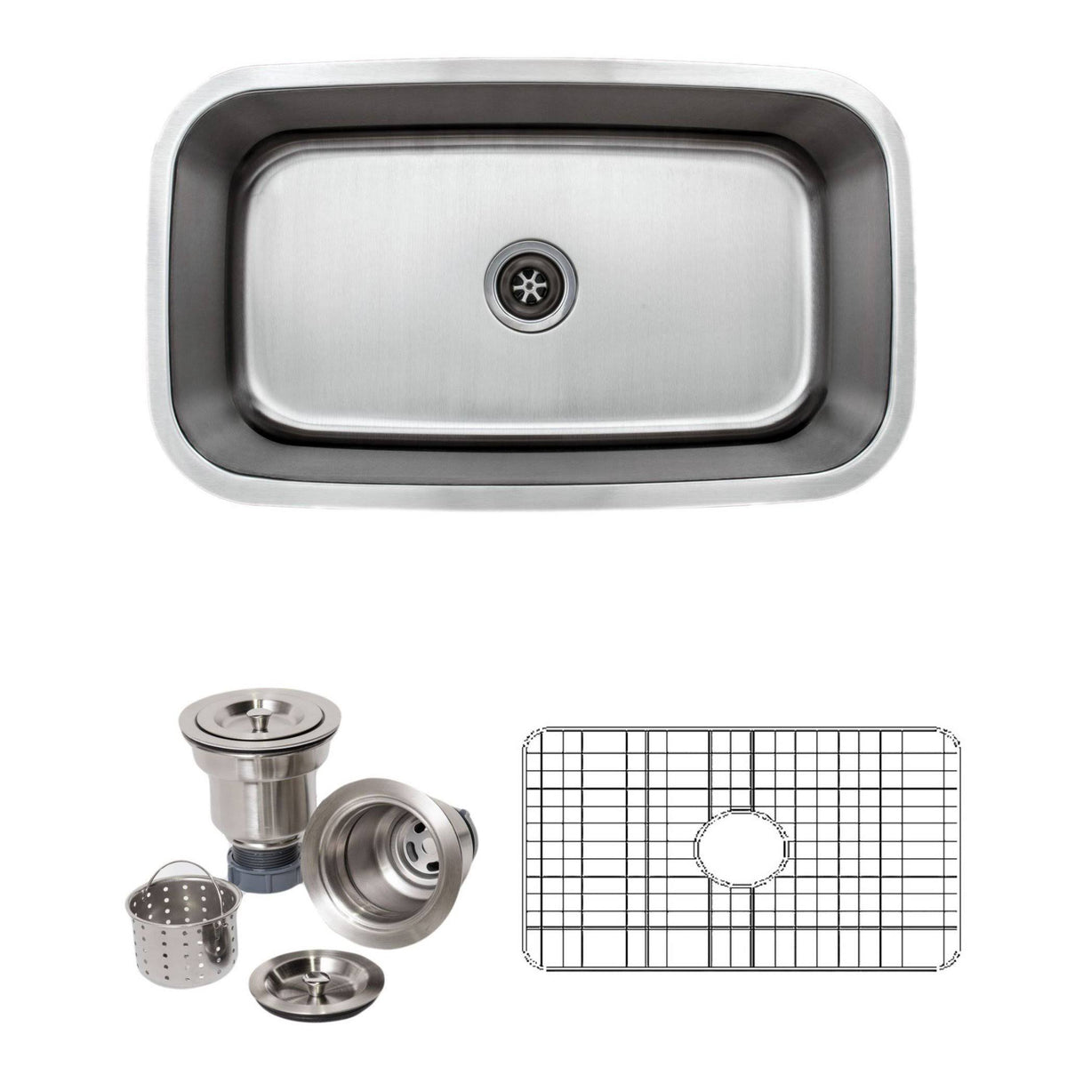 32" 16-Gauge Undermount Single Bowl Stainless Steel Kitchen Sink with Grid Rack and Basket Strainer S750720