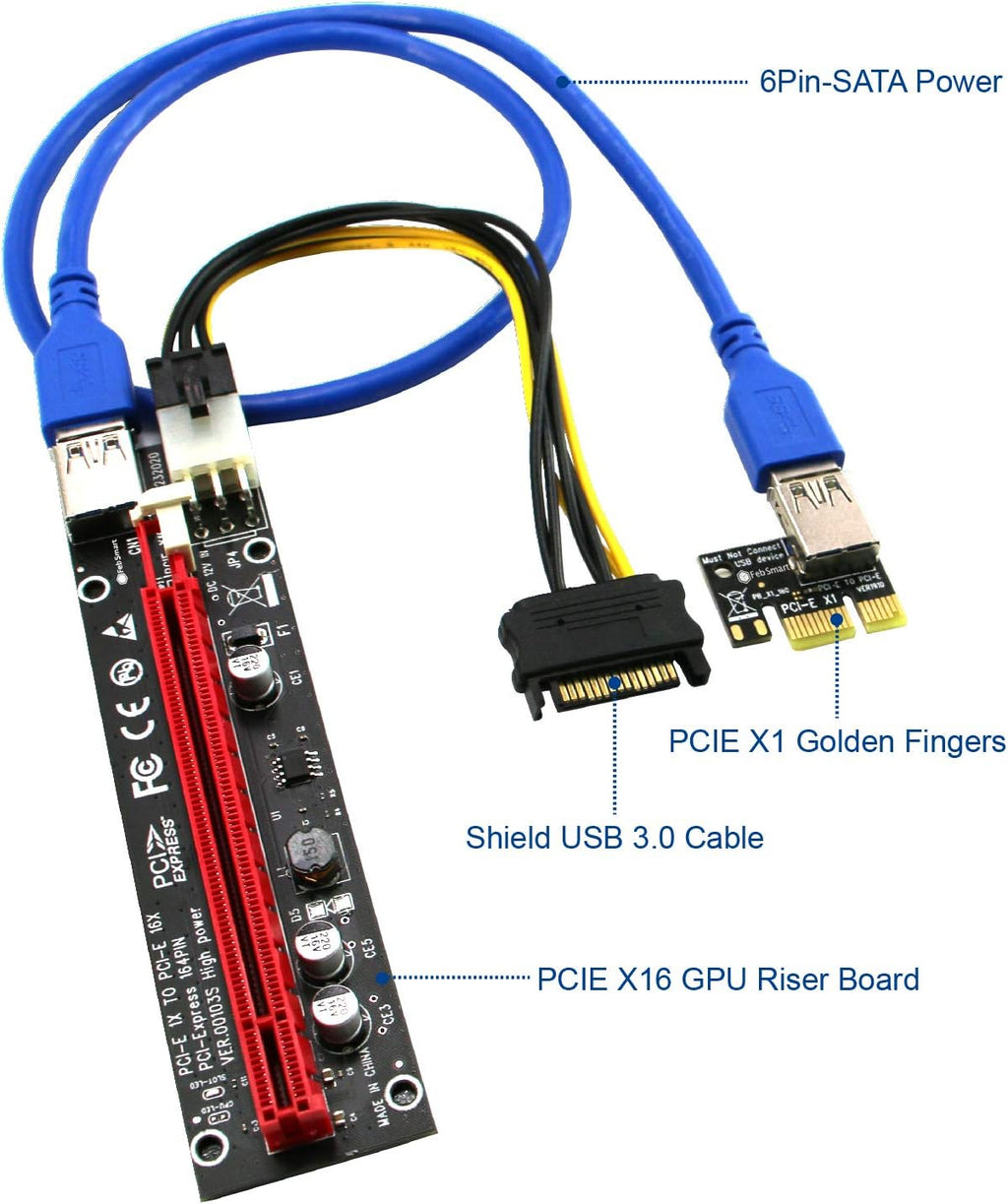 PCIE Riser Cable with 6Pin-SATA Power Cable and 23.6in Extension Cable O3112