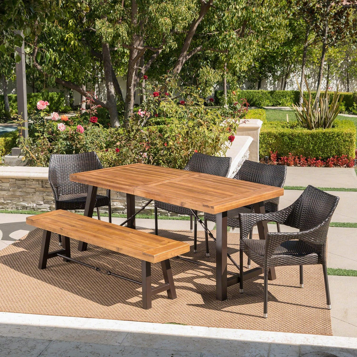 Acacia Wood Dining Set with Wicker Stacking Chairs O8976