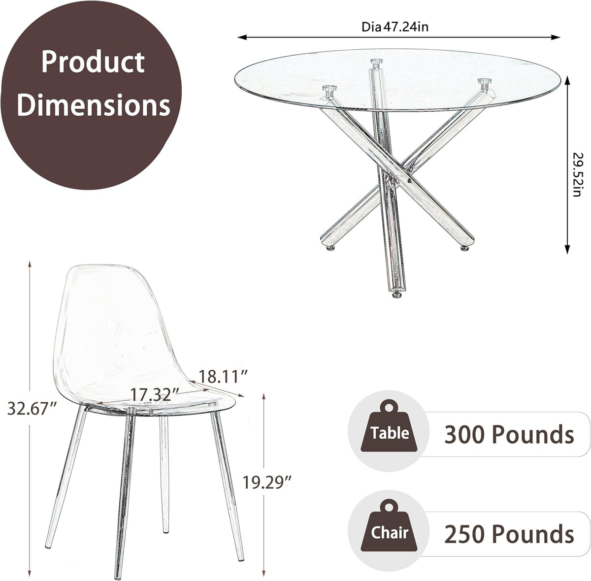 Gold Round Glass 7 PCS Dining Table Set with Clear Acrylic Chair V303