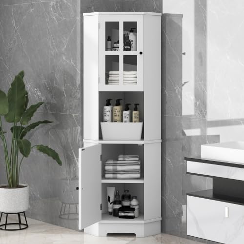 White Tall Corner Cabinet with Adjustable Shelves and Doors F710192