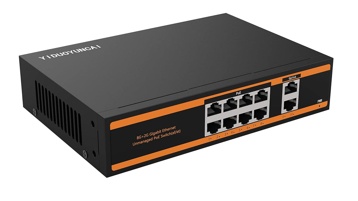 10 Ports Ethernet PoE Switch, 8 PoE Ports + 2 Uplink Ports, 150W, Metal Fanless, Unmanaged, Pack of 2 X60259