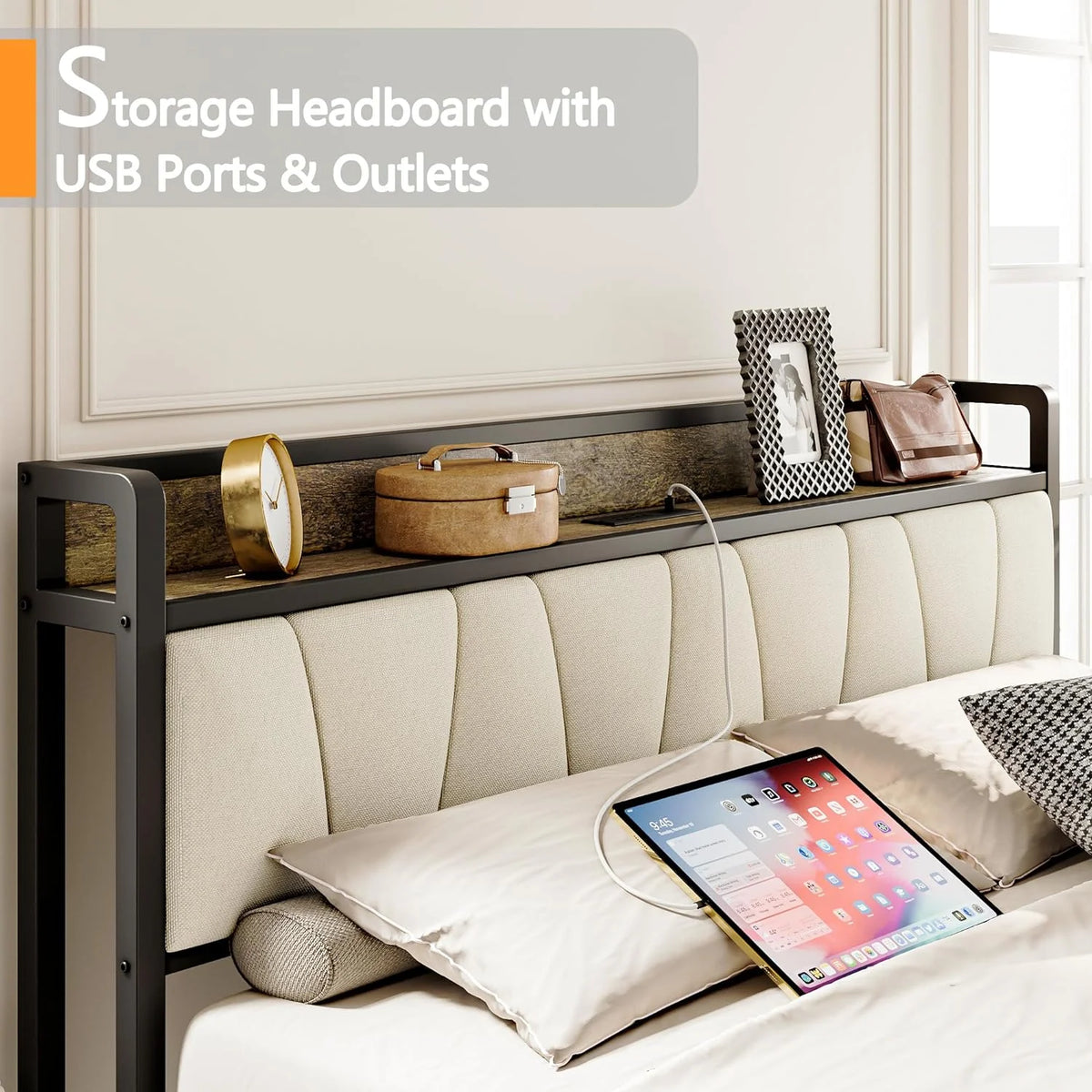King Bed Frame with Storage Headboard and Charging Station Y1355