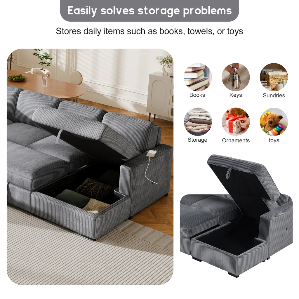 98" U-shaped Corduroy 6-seater Oversized Corner Sofa with Storage E8511
