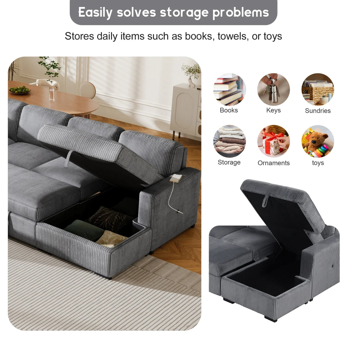 98" U-shaped Corduroy 6-seater Oversized Corner Sofa with Storage E8511