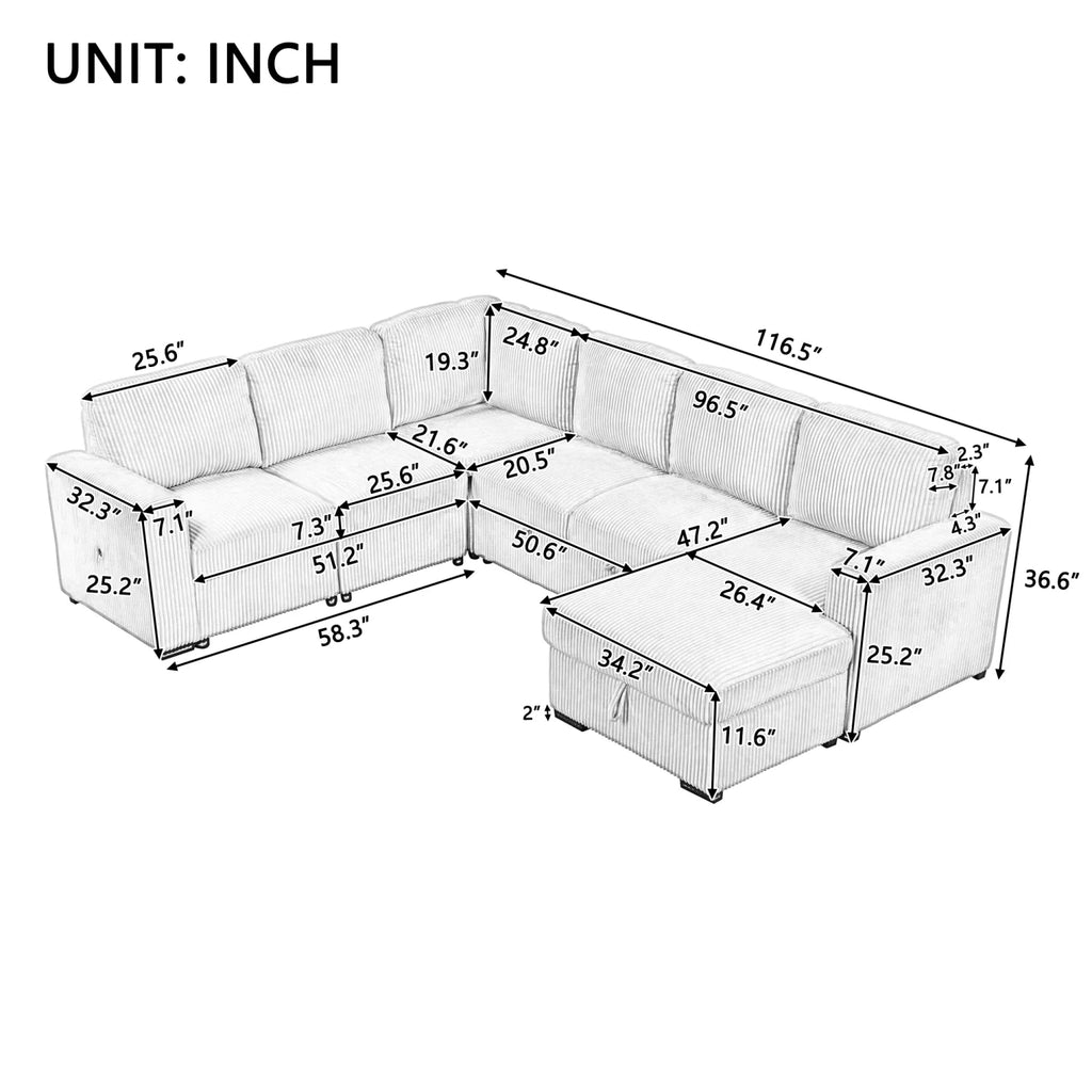 98" U-shaped Corduroy 6-seater Oversized Corner Sofa with Storage E8511