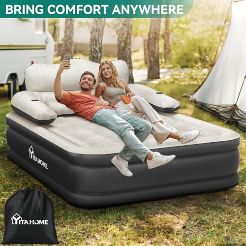 Queen Size Air Mattress with Headboard and Built-in Pump B496