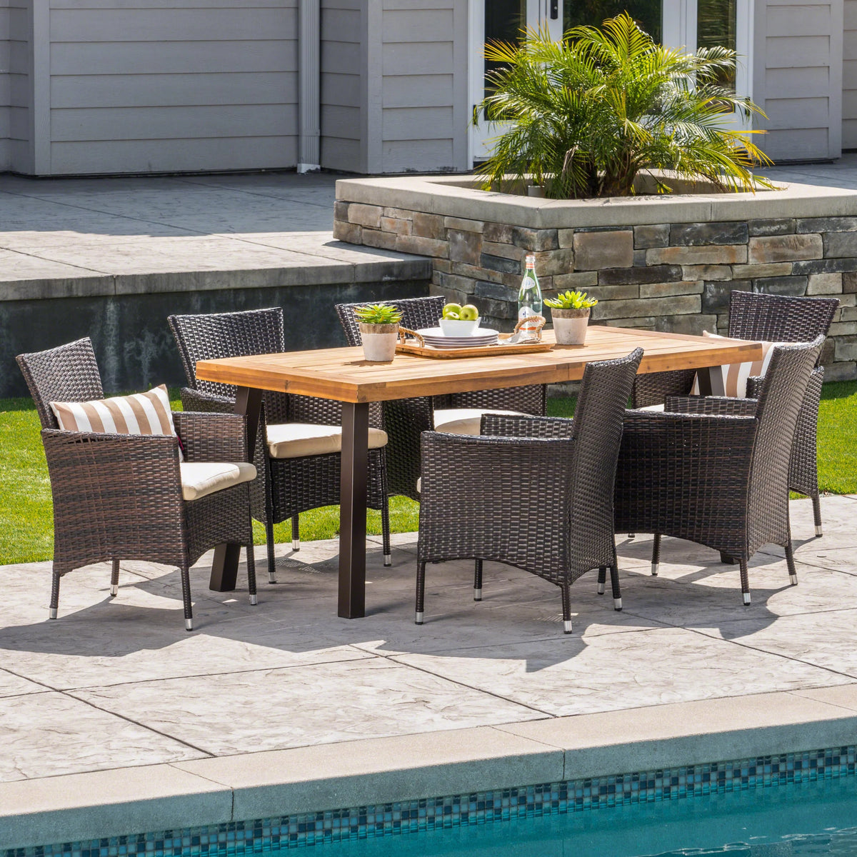 7 Piece Acacia Wood Wicker Dining Set with Cushions R40915
